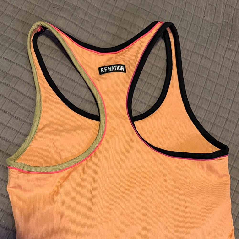 P.E Nation Peach Racerback Tank with Black and Pink Trim